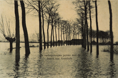 8893 De ondergelopen polder met de hoeve van Arenthals / Watersnood in Zeeland maart 1906. Gezicht op een overstroomde ...