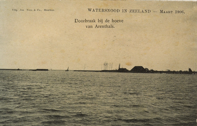 8894 Doorbraak bij de hoeve van Arenthals. Watersnood in Zeeland - Maart 1906. Een overstroomde polder bij Hontenisse ...