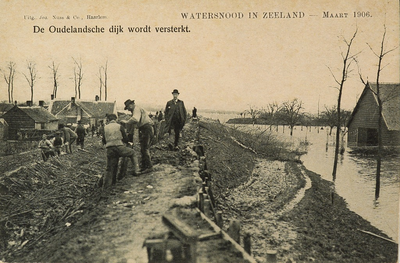 8903 De Oudelandsche dijk wordt versterkt. Watersnood in Zeeland - Maart 1906. Het versterken van de Oudelandsedijk in ...