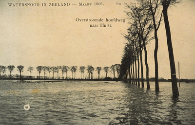 8948 Overstroomde hoofdweg naar Hulst. Watersnood in Zeeland - Maart 1906. Gezicht op de overstroomde weg naar Hulst