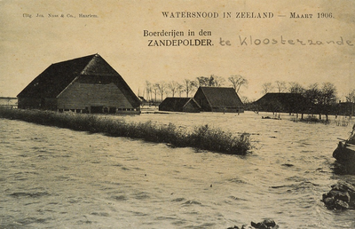 8962 Boerderijen in den Zandepolder. Watersnood in Zeeland - Maart 1906. Gezicht op overstroomde boerderijen in de ...