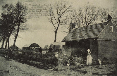 9035 Watervloed in Zeeland op 12 Maart 1906 Ruïne van een huis in den Eng. Polder waarop de bewoner 5 uren in ...