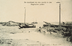 9039 De doorbraak van den zeedijk in den Engelschen polder. Watersnood in Zeeland - Maart 1906. Gezicht op het gat in ...