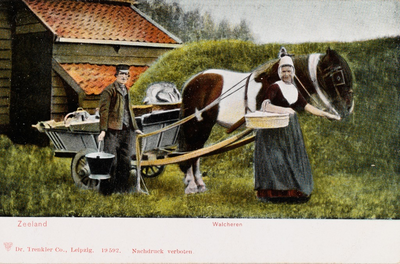 9263 Zeeland Walcheren. Een man en vrouw met botermand in Walcherse dracht met een melkwagen