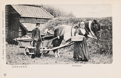 9264 Zeeland Walcheren. Een man en vrouw met botermand in Walcherse dracht met een melkwagen