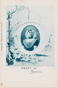9336 Groet uit Zeeland. Een afbeelding van een vrouw in protestantse, Zuid-Bevelandse dracht in een met bloemen ...
