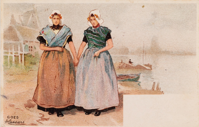 9389 Goes. Twee vrouwen in Zuid-Bevelandse dracht in een gefingeerd landschap. Naar een afbeelding van Henri Cassiers