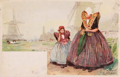 9416 Axel. Een vrouw en een meisje in Axelse dracht in een gefingeerd landschap; naar een afbeelding van Henri Cassiers
