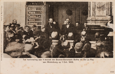 9450 Ter herinnering aan 't bezoek der Boeren-Generaals Botha en De La Rey aan Middelburg op 1 Oct. 1902. De ...