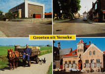 9471 Groeten uit Yerseke. Vier impressies van Yerseke: linksboven de kerk van de Gereformeerde Gemeente Rehoboth op de ...