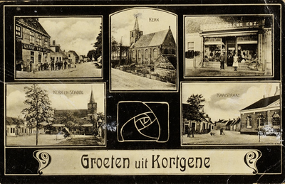 9888 Groeten uit Kortgene. Vijf afbeeldingen te Kortgene: de Opril met hotel Graaf van Buren, een winkelpui van ...