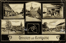 9888 Groeten uit Kortgene. Vijf afbeeldingen te Kortgene: de Opril met hotel Graaf van Buren, een winkelpui van ...