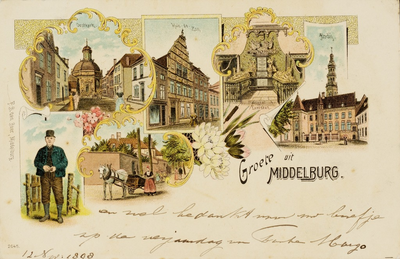 9936 Groete uit Middelburg. Zes afbeeldingen te Middelburg: de Breestraat met Oostkerk, huis De Sonne in de Lange ...