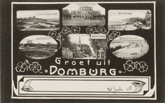 9947 Groet uit Domburg. Zes afbeeldingen te Domburg: duin-, strand- en zeezicht, het Badhotel en de Dorpsstraat