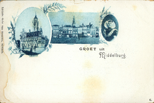 244-2 Groet uit Middelburg. Gezicht op het stadhuis, de Grote Markt te Middelburg en een portret van een vrouw in dracht