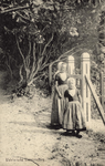 341-1024 Walchersche boerenmeisjes. Twee meisjes in dracht bij een toegangshek in het bos bij Domburg