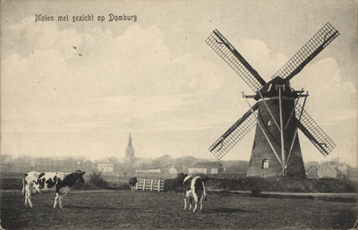 341-104 Molen met gezicht op Domburg. De molen te Domburg met op de achtergrond de toren van de Nederlandse Hervormde kerk.