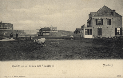 341-715 Gezicht op de duinen met Strandhôtel. Gezicht op enkele villa's in de duinen te Domburg met werkzaamheden aan het pad