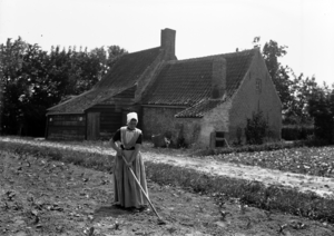 40-4-1F Een boerin aan het werk op een akker bij een boerderijtje op Walcheren