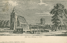 439-75 Het dorp Renesse in 1745. De dorpsring te Renesse, met Nederlandse Hervormde kerk, een marktkraam, en een ...