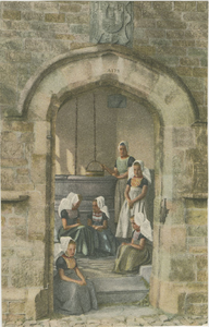 455-1001 Vijf meisjes en een vrouw in dracht in de Cisterne te Veere