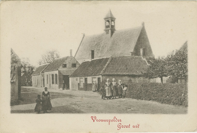 455-1062 Vrouwepolder Groet uit. Gezicht op de Dorpsdijk en de Nederlandse Hervormde kerk te Vrouwenpolder