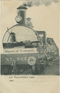 455-1114 IJlgroet uit Westkapelle. Een stoomtrein met in de kop van de locomotief een foto van de dijkmolen te Westkapelle