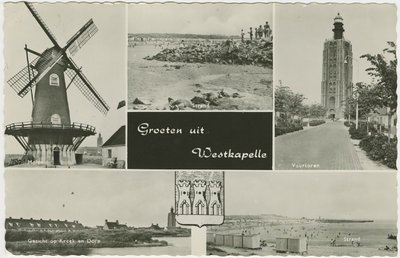 455-1137 Groeten uit Westkapelle. Vijf impressies van Westkapelle: de molen, het strand, de vuurtoren, gezicht op kerk ...