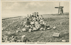 455-1141 Op de zeedijk - Westkapelle. Kinderen in dracht op de zeedijk te Westkapelle met op de achtergrond de dijkmolen