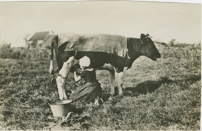 455-1274 Een meisje in dracht bezig met het melken van een koe
