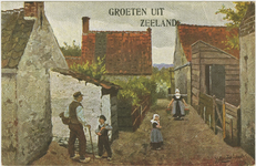 455-1499 Groeten uit Zeeland. Schilderij van de kunstschilder J.G. Gerstenhauer van een dorpsgezicht in Zeeland
