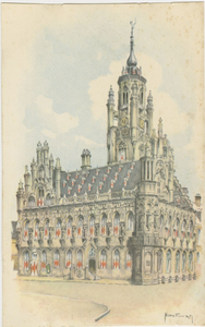 455-17 Middelburg, Stadhuis. Tekening van Henk Hoefman van het Stadhuis te Middelburg