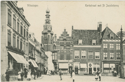 455-237 Vlissingen Kerkstraat met St Jacobstoren. Gezicht op de Sint Jacobstoren en de Kerkstraat te Vlissingen vanaf ...