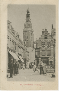 455-243 St. Jacobstoren - Vlissingen. Gezicht op de Sint Jacobstoren en de Kerkstraat te Vlissingen