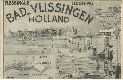 455-339 FLESSINGUE FLUSHING BAD-VLISSINGEN HOLLAND. Tekening van het strand met badkoetsen, badende personen en de ...