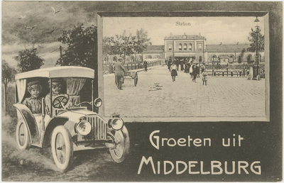455-51 Station Groeten uit Middelburg. In het kader: Gezicht op het station en de Stationsbrug te Middelburgvanaf de ...