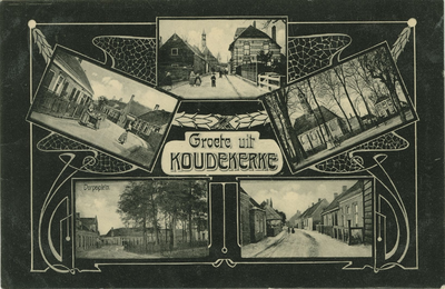 455-632 Groete uit Koudekerke. Vijf impressies van Koudekerke: drie straatgezichten, het Dorpsplein en de Nederlandse ...