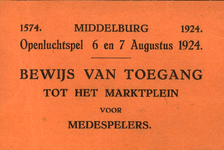 59-60 Bewijs van toegang voor het Openluchtspel t.g.v. de herdenkingsfeesten 1574-1924 op 6 en 7 augustus 1924 op de ...