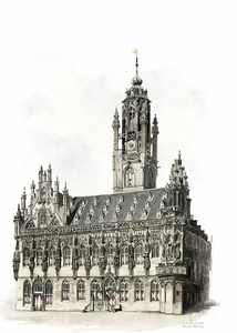 600-27 Waterverfschilderij van het Stadhuis te Middelburg