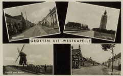 624-108 Groeten uit Westkapelle. Vier gezichten op Westkapelle: de Noordstraat, de vuurtoren, de dijkmolen en de ...