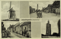 624-111 Westkapelle (Zeeland). Vier gezichten op Westkapelle; de dijkmolen, de Zuidstraat met het stadhuis, de ...