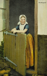 624-137 Westkapelle. Maria van Sighem (Mariete Lorre) uit Westkapelle, in Walcherse dracht, leunend op een onderdeur