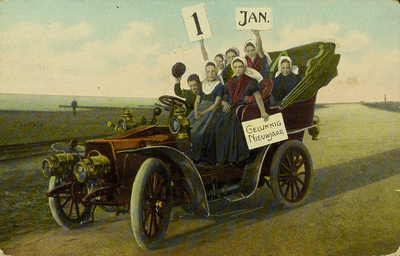624-151 Een Nieuwjaarsgroet uit Westkapelle vanuit de auto van de familie Dumon Tak uit Middelburg. V.l.n.r.: Piet ...
