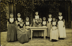 624-192 Negen poserende, in het Badhotel te Domburg werkende vrouwen en meisjes uit Westkapelle in Walcherse dracht