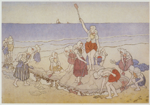 624-197 Strand te Westkapelle. Meisjes in dracht die op het strand van Westkapelle aan het spelen zijn. Naar een ets ...