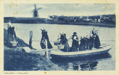 624-215 Zeeland - Holland. Visleurststers uit Arnemuiden bij een overzetveer in een gefingeerd landschap. Links de ...