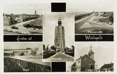 624-421 Groeten uit Westkapelle. Vijf gezichten op Westkapelle; de vuurtoren, een panorama, de zeedijk en het gemeentehuis
