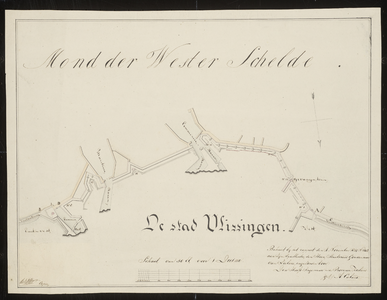 2450 1837. (Kopie van kopie.). Schetsteekening van de zeewerken rondom de stad Vlissingen, waarop is aangegeven tot ...