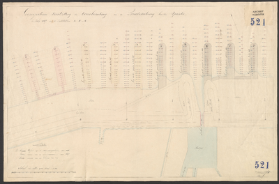 K-521 Dijk- en oeverkaart tusschen de vroegere dijkpalen 15-20 met peilingen 1846 en 1847, benevens geprojecteerde bezinking