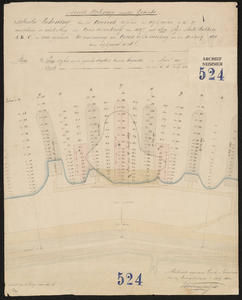 K-524 Situatieteekening van het oevervak tusschen de dijkpalen 15-17 (oude nummering) met diverse peilingen 1851 en val ...